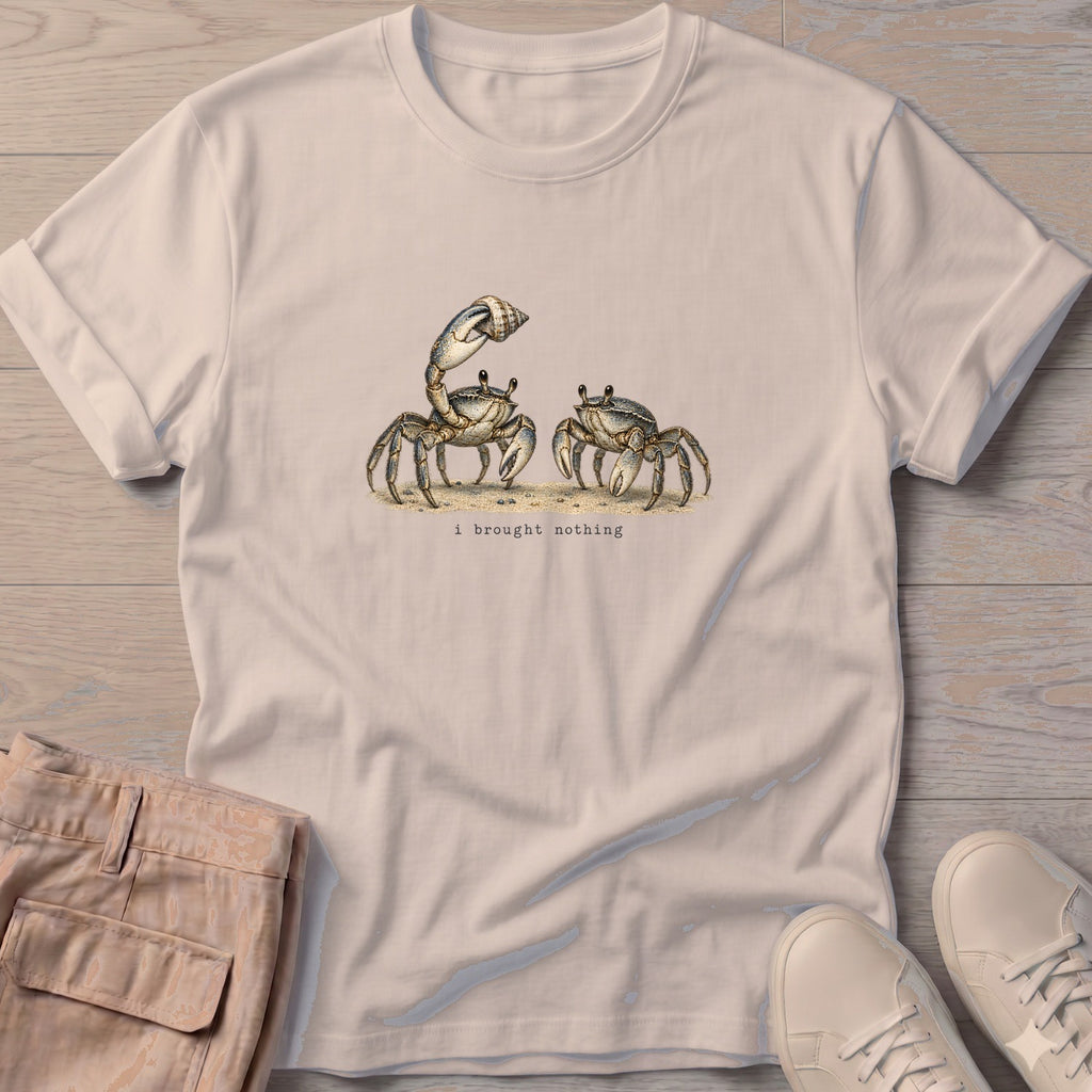 I Brought Nothing Crabs T-Shirt in Sand, Salty Paws Soft Style T-Shirt, front design flat lay