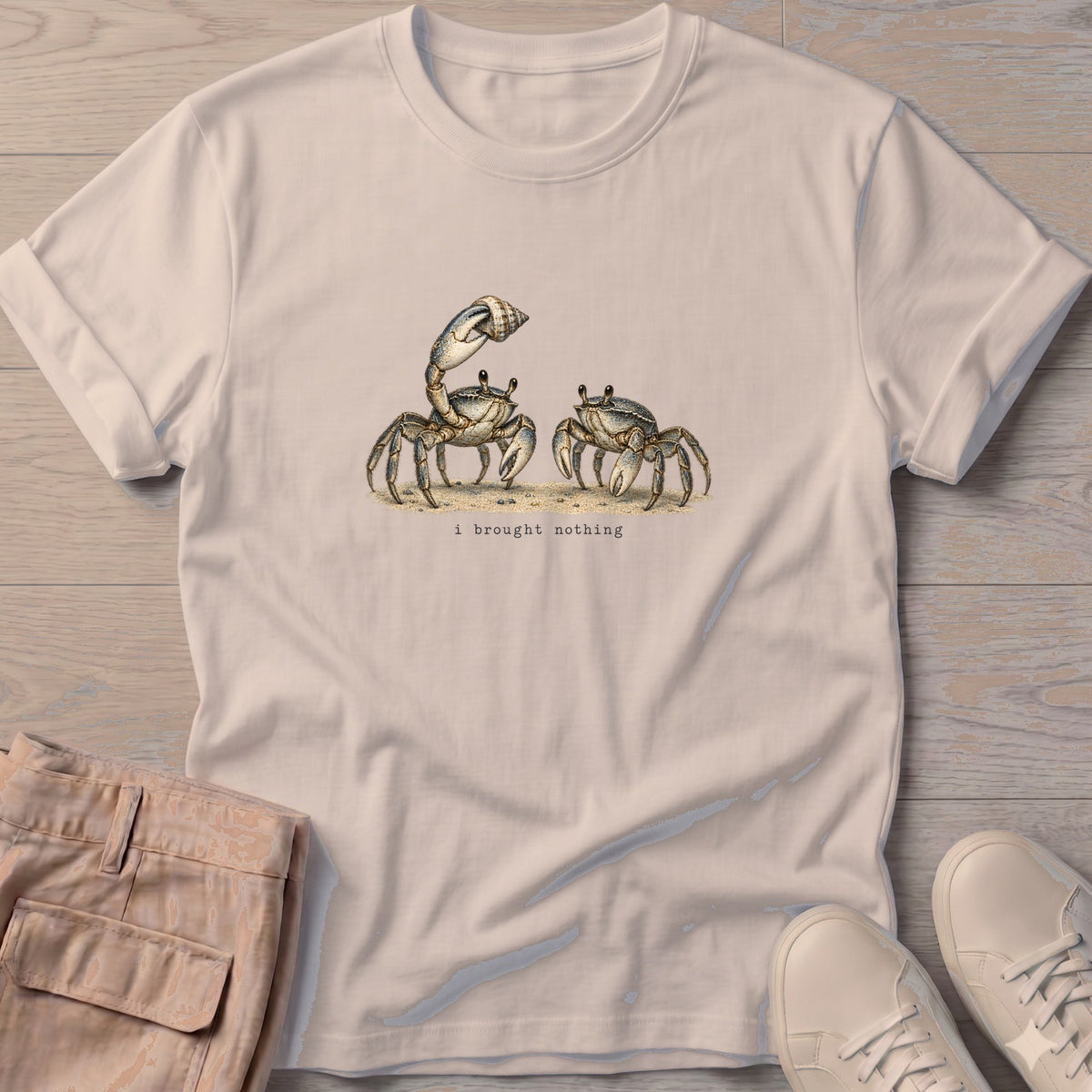 I Brought Nothing Crabs T-Shirt in Sand, Salty Paws Soft Style T-Shirt, front design flat lay