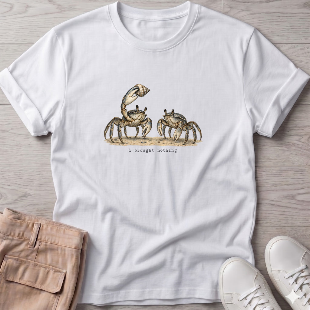 I Brought Nothing Crabs T-Shirt in White, Salty Paws Soft Style T-Shirt, front design flat lay