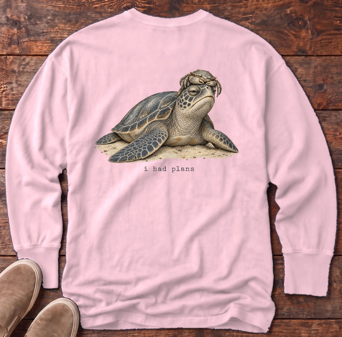 I Had Plans Sea Turtle Back Design Long Sleeve Tee Comfort Colors in Blossom, Salty Paws Comfort Colors Long Sleeve Tee, back design flat lay