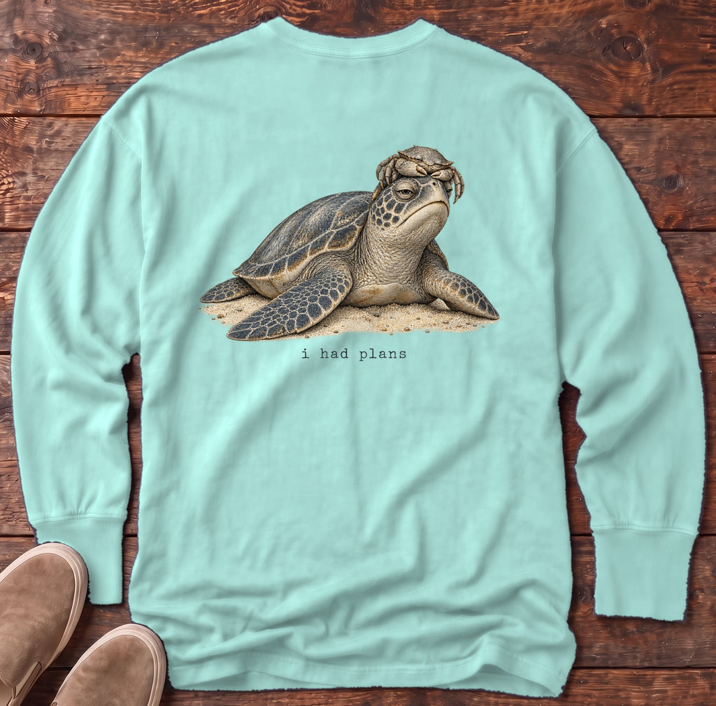 I Had Plans Sea Turtle Back Design Long Sleeve Tee Comfort Colors in Chalky Mint, Salty Paws Comfort Colors Long Sleeve Tee, back design flat lay