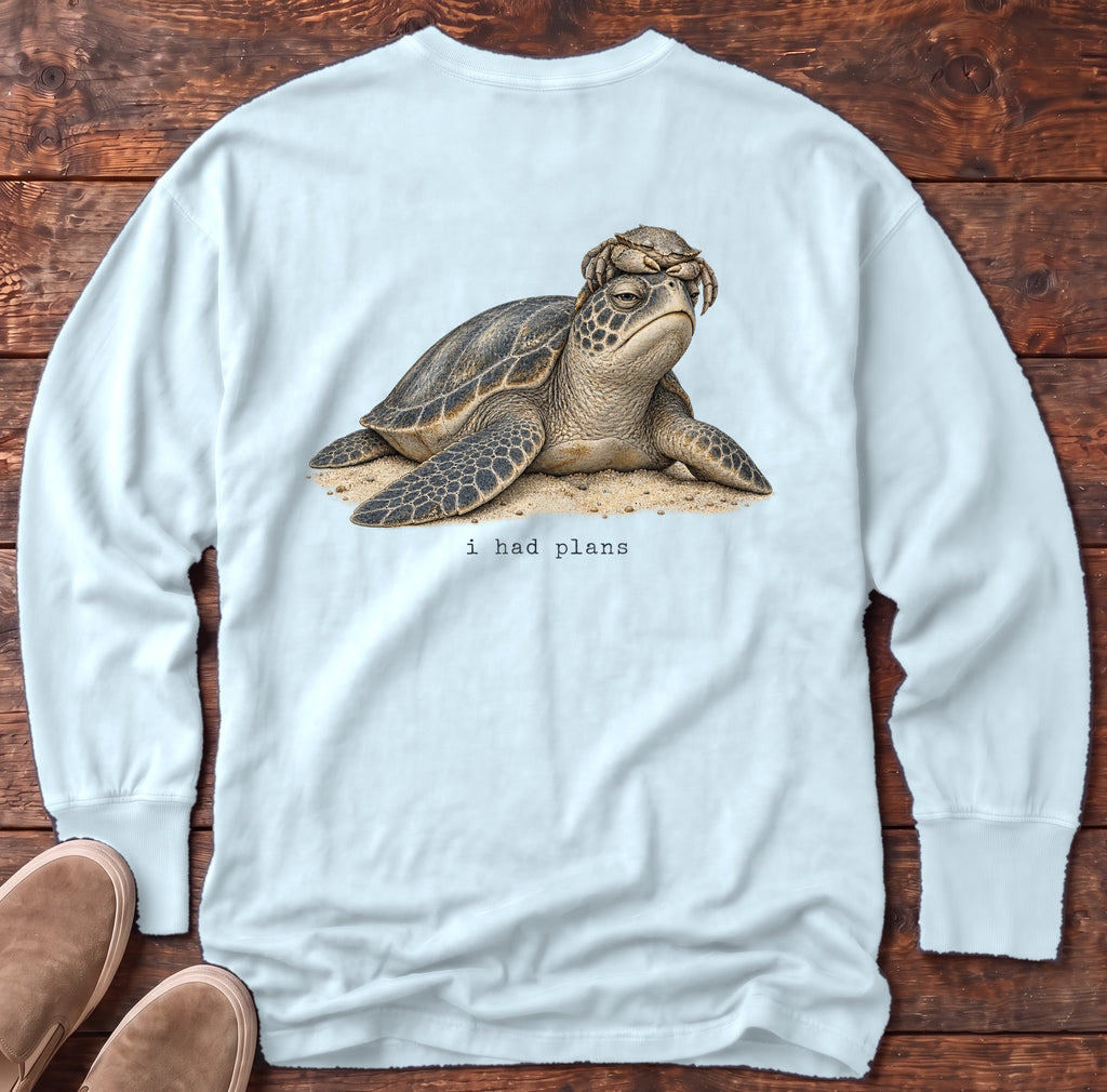 I Had Plans Sea Turtle Back Design Long Sleeve Tee Comfort Colors in Chambray, Salty Paws Comfort Colors Long Sleeve Tee, back design flat lay