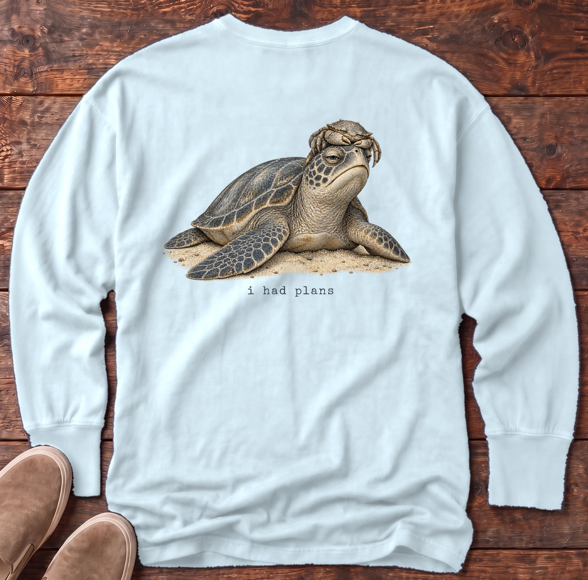 I Had Plans Sea Turtle Back Design Long Sleeve Tee Comfort Colors in Chambray, Salty Paws Comfort Colors Long Sleeve Tee, back design flat lay