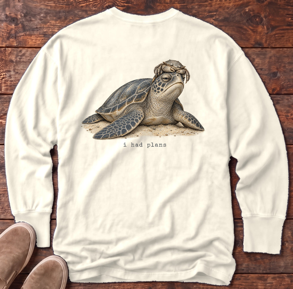 I Had Plans Sea Turtle Back Design Long Sleeve Tee Comfort Colors in Ivory, Salty Paws Comfort Colors Long Sleeve Tee, back design flat lay