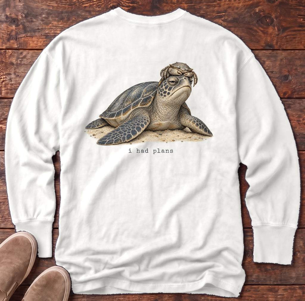 I Had Plans Sea Turtle Back Design Long Sleeve Tee Comfort Colors in White, Salty Paws Comfort Colors Long Sleeve Tee, back design flat lay