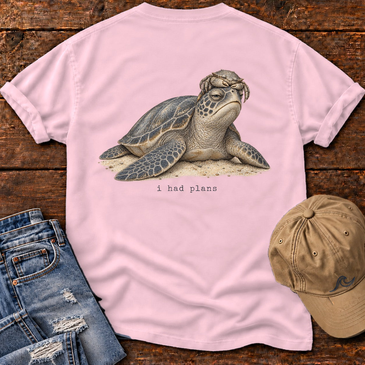 I Had Plans Sea Turtle Back Design T-Shirt Comfort Colors in Blossom, Salty Paws Comfort Colors T-Shirt, back design flat lay