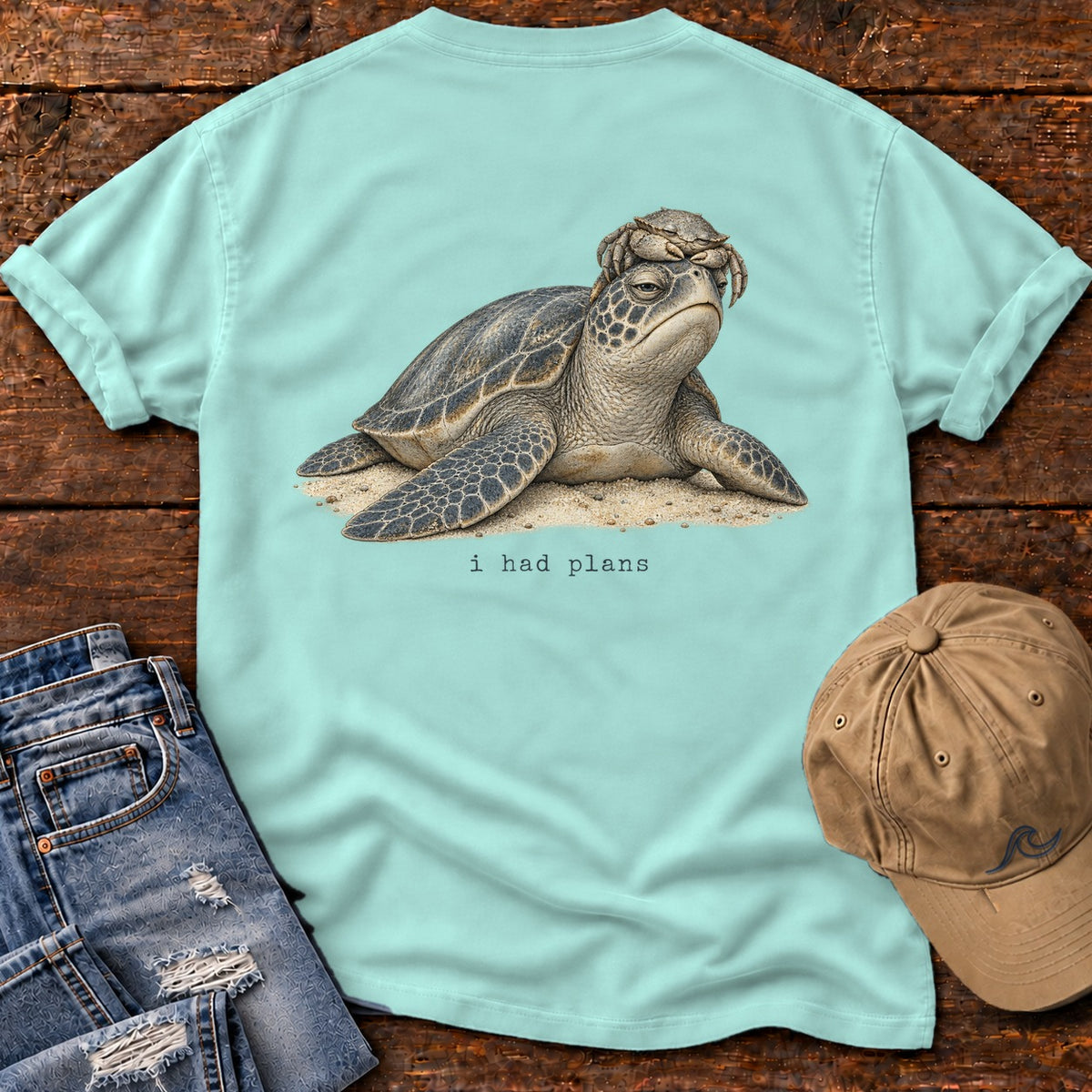 I Had Plans Sea Turtle Back Design T-Shirt Comfort Colors in Chalky Mint, Salty Paws Comfort Colors T-Shirt, back design flat lay