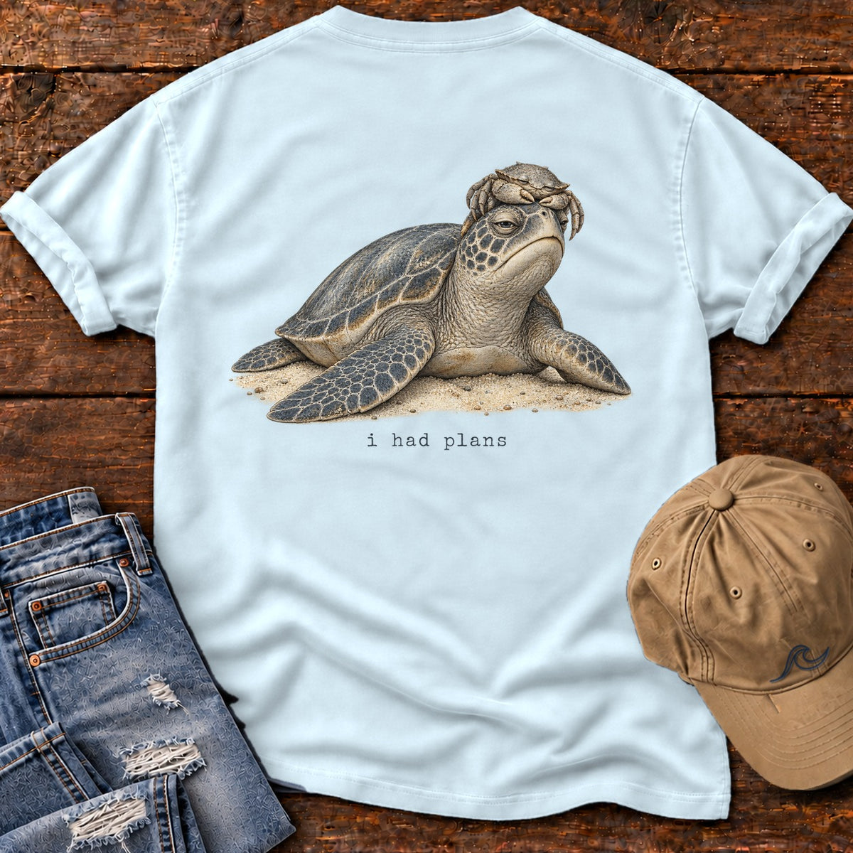 I Had Plans Sea Turtle Back Design T-Shirt Comfort Colors in Chambray, Salty Paws Comfort Colors T-Shirt, back design flat lay