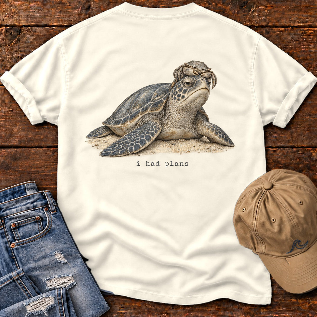 I Had Plans Sea Turtle Back Design T-Shirt Comfort Colors in Ivory, Salty Paws Comfort Colors T-Shirt, back design flat lay