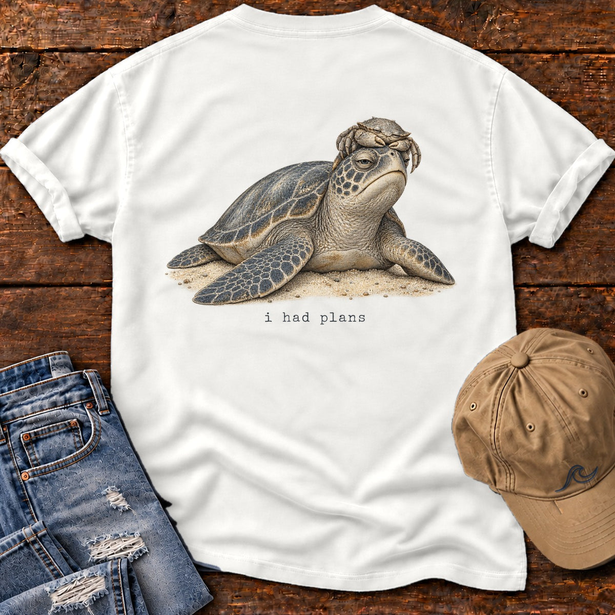 I Had Plans Sea Turtle Back Design T-Shirt Comfort Colors in White, Salty Paws Comfort Colors T-Shirt, back design flat lay