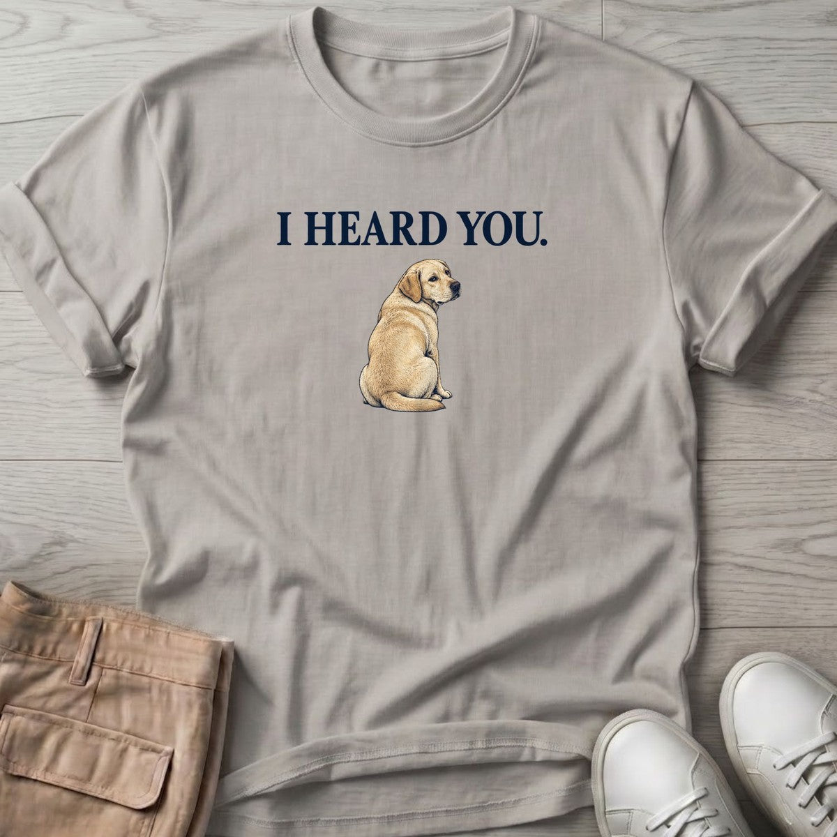 I Heard You Labrador T-Shirt in Ice Grey, Salty Paws T-Shirt, front design flat lay
