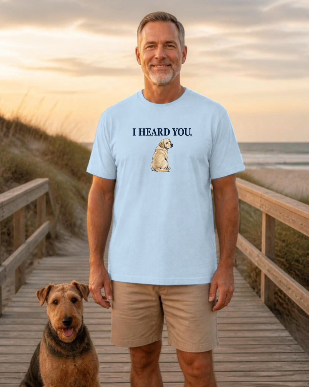 I Heard You Labrador T-Shirt in Light Blue, worn by a model, Salty Paws front design
