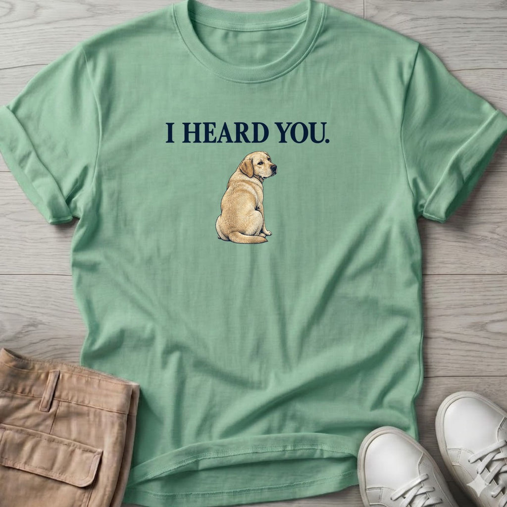 I Heard You Labrador T-Shirt in Mint Green, Salty Paws T-Shirt, front design flat lay