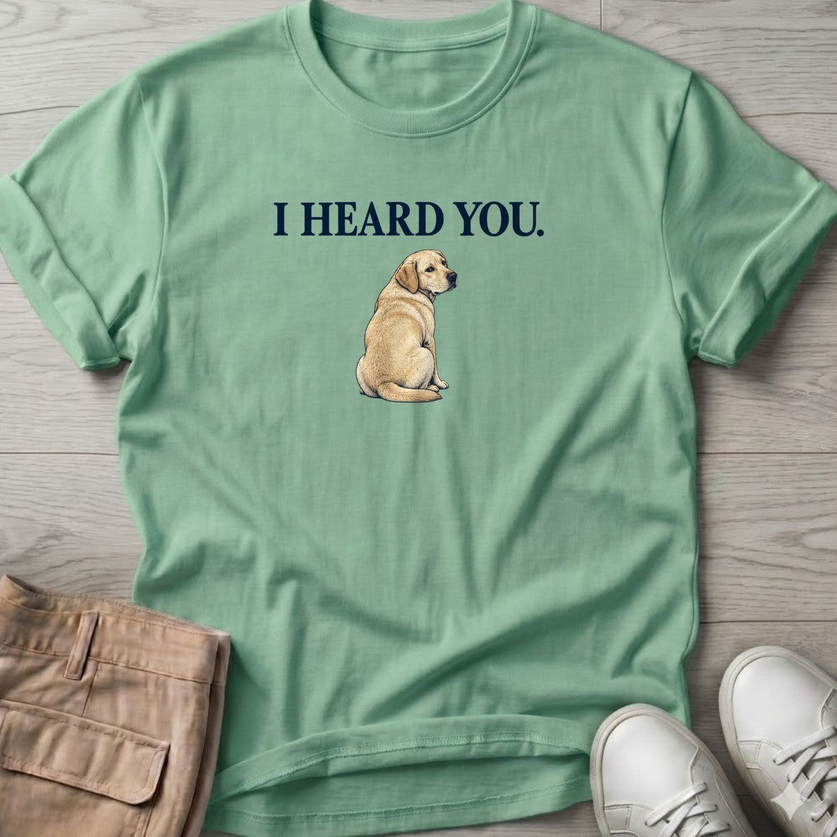 I Heard You Labrador T-Shirt in Mint Green, Salty Paws T-Shirt, front design flat lay