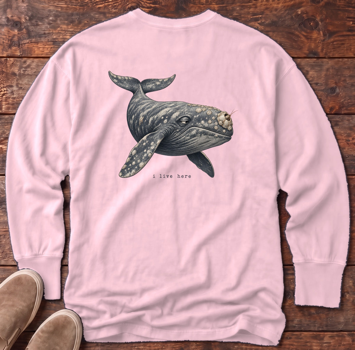 I Live Here Whale Back Design Long Sleeve Tee Comfort Colors in Blossom, Salty Paws Comfort Colors Long Sleeve Tee, back design flat lay