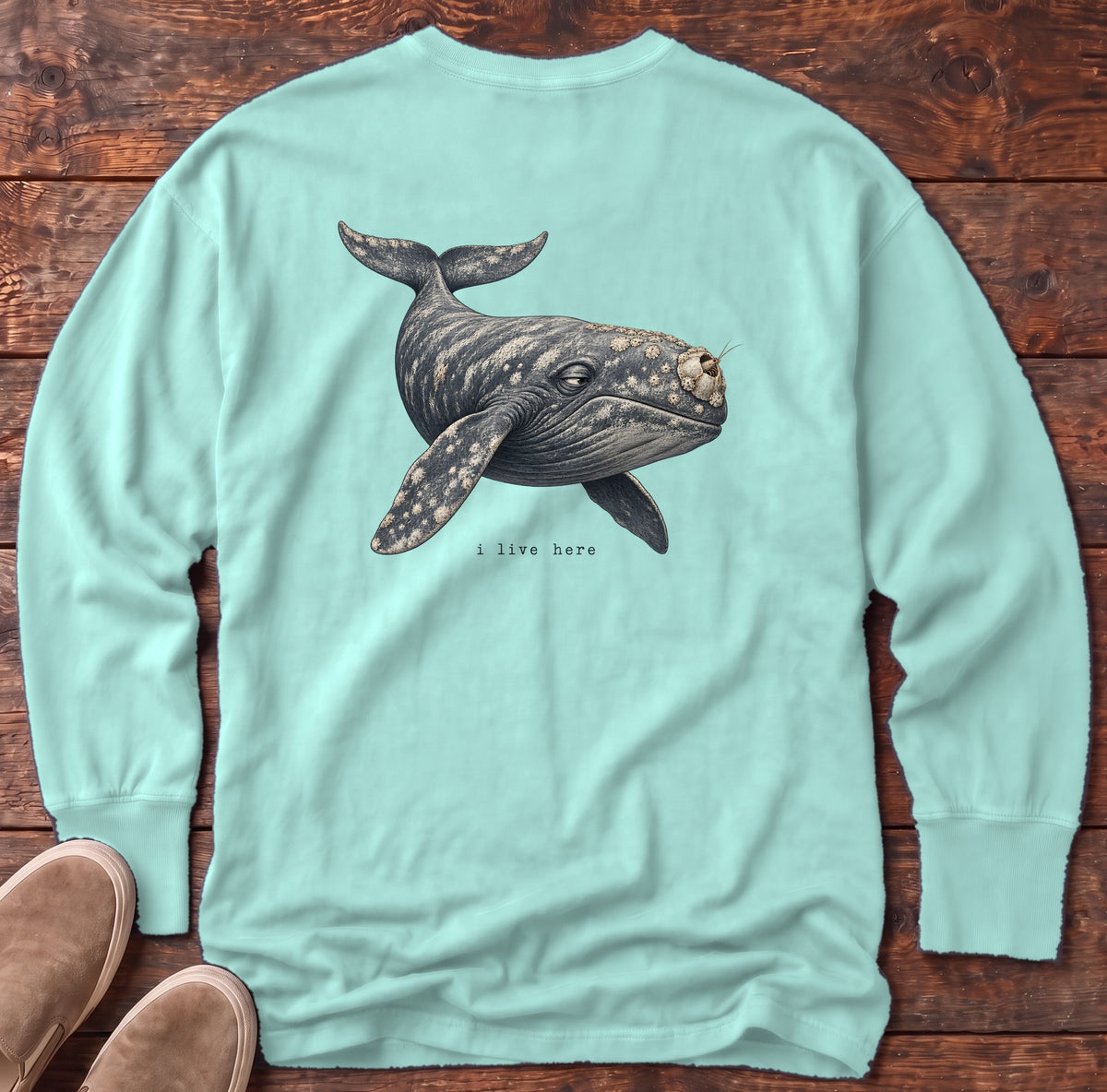 I Live Here Whale Back Design Long Sleeve Tee Comfort Colors in Chalky Mint, Salty Paws Comfort Colors Long Sleeve Tee, back design flat lay