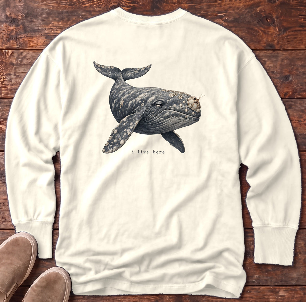 I Live Here Whale Back Design Long Sleeve Tee Comfort Colors in Ivory, Salty Paws Comfort Colors Long Sleeve Tee, back design flat lay