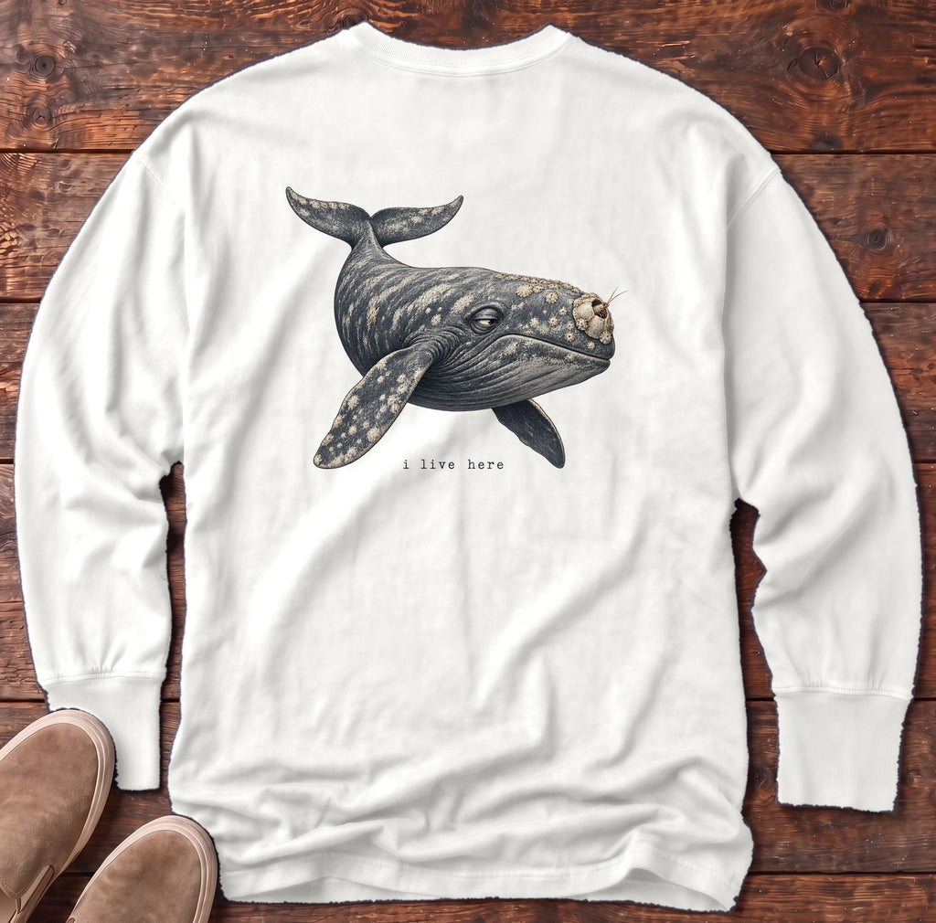 I Live Here Whale Back Design Long Sleeve Tee Comfort Colors in White, Salty Paws Comfort Colors Long Sleeve Tee, back design flat lay