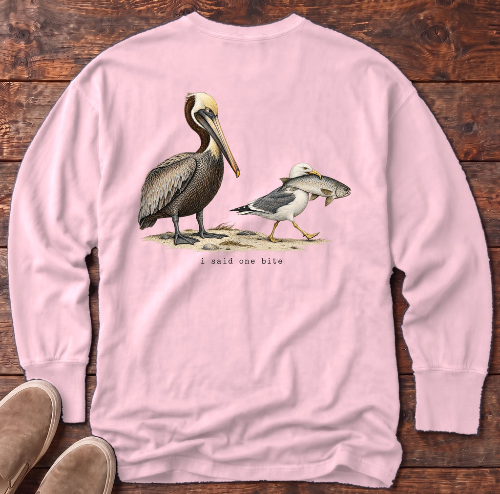 I Said One Bite Pelican Back Design Long Sleeve Tee Comfort Colors in Blossom, Salty Paws Comfort Colors Long Sleeve Tee, back design flat lay