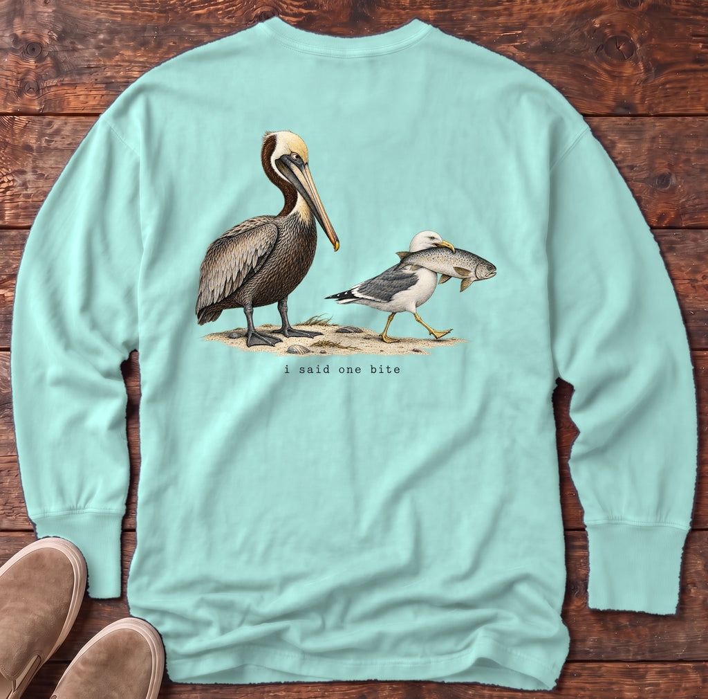 I Said One Bite Pelican Back Design Long Sleeve Tee Comfort Colors in Chalky Mint, Salty Paws Comfort Colors Long Sleeve Tee, back design flat lay