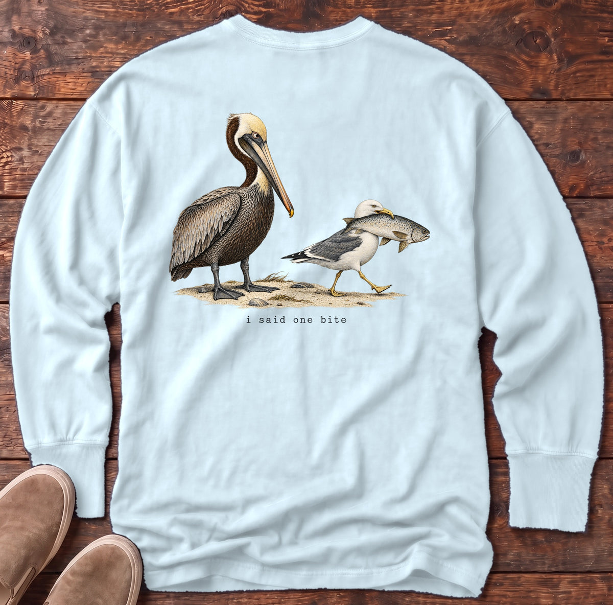 I Said One Bite Pelican Back Design Long Sleeve Tee Comfort Colors in Chambray, Salty Paws Comfort Colors Long Sleeve Tee, back design flat lay