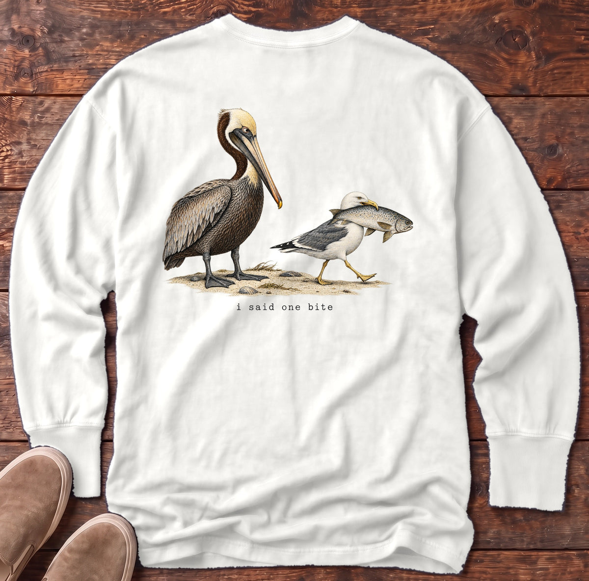 I Said One Bite Pelican Back Design Long Sleeve Tee Comfort Colors in White, Salty Paws Comfort Colors Long Sleeve Tee, back design flat lay