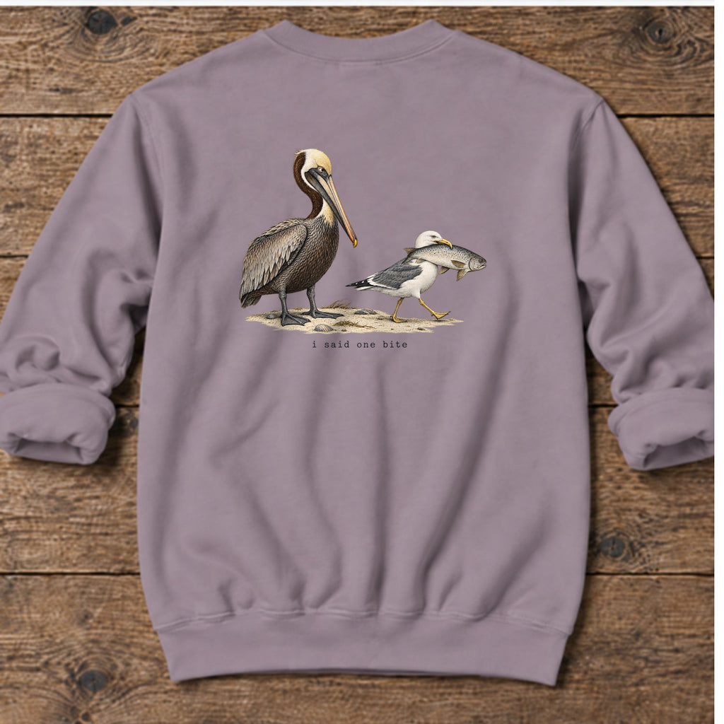 I Said One Bite Pelican Back Design Midweight Sweatshirt in Paragon, Salty Paws Midweight Sweatshirt, back design flat lay