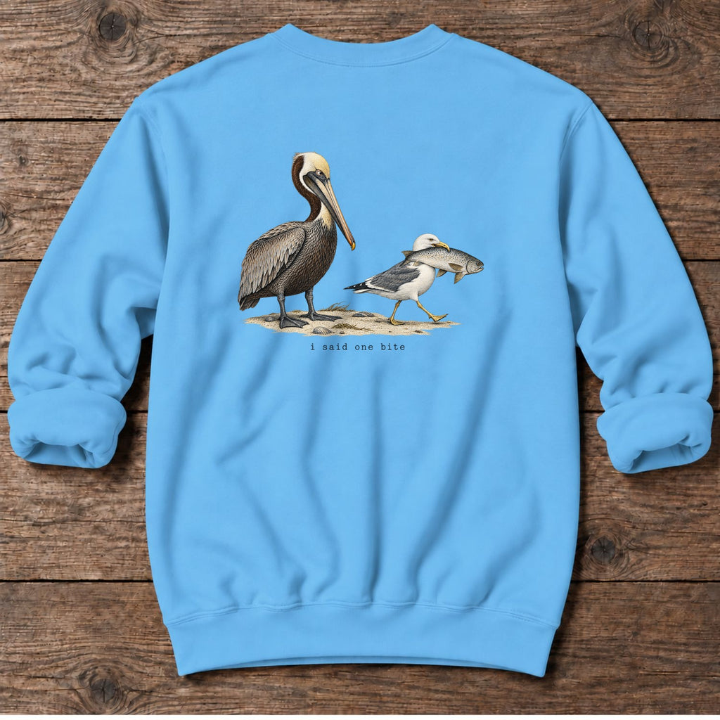 I Said One Bite Pelican Back Design Midweight Sweatshirt in Sky, Salty Paws Midweight Sweatshirt, back design flat lay