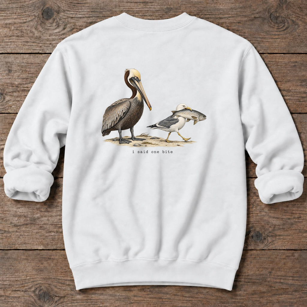 I Said One Bite Pelican Back Design Midweight Sweatshirt in White, Salty Paws Midweight Sweatshirt, back design flat lay