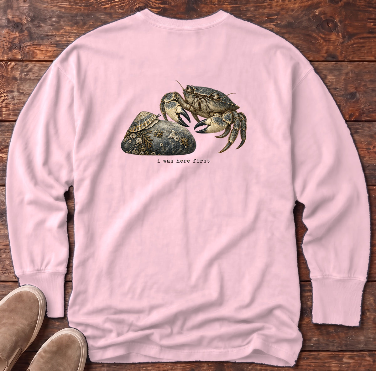 I Was Here First Crab Back Design Long Sleeve Tee Comfort Colors in Blossom, Salty Paws Comfort Colors Long Sleeve Tee, back design flat lay