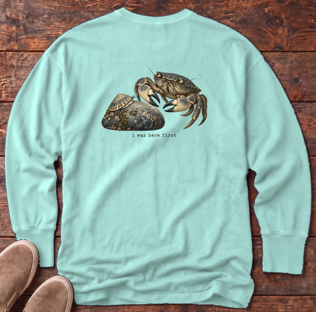 I Was Here First Crab Back Design Long Sleeve Tee Comfort Colors in Chalky Mint, Salty Paws Comfort Colors Long Sleeve Tee, back design flat lay