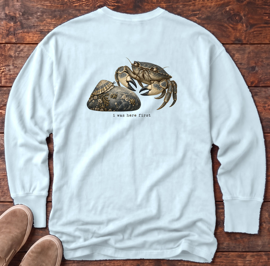 I Was Here First Crab Back Design Long Sleeve Tee Comfort Colors in Chambray, Salty Paws Comfort Colors Long Sleeve Tee, back design flat lay