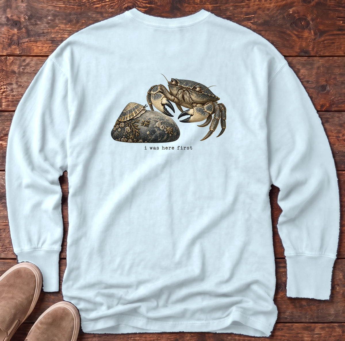 I Was Here First Crab Back Design Long Sleeve Tee Comfort Colors in Chambray, Salty Paws Comfort Colors Long Sleeve Tee, back design flat lay