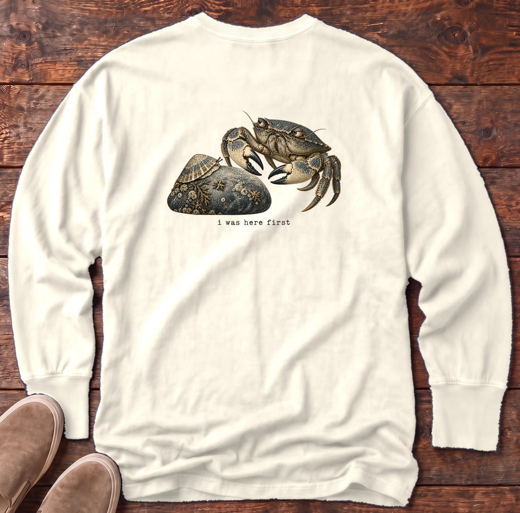 I Was Here First Crab Back Design Long Sleeve Tee Comfort Colors in Ivory, Salty Paws Comfort Colors Long Sleeve Tee, back design flat lay
