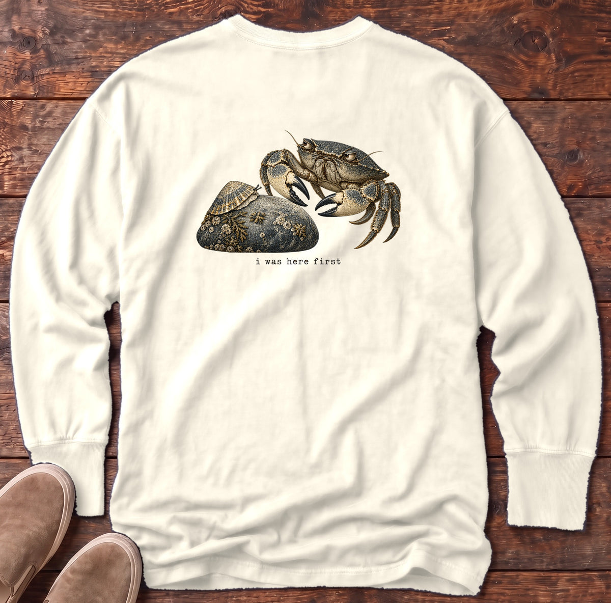 I Was Here First Crab Back Design Long Sleeve Tee Comfort Colors in Ivory, Salty Paws Comfort Colors Long Sleeve Tee, back design flat lay