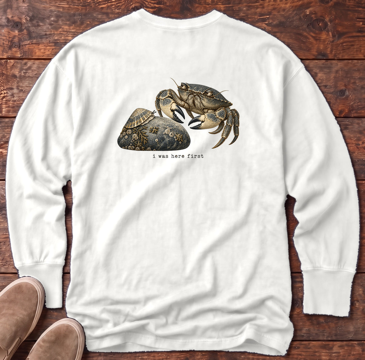 I Was Here First Crab Back Design Long Sleeve Tee Comfort Colors in White, Salty Paws Comfort Colors Long Sleeve Tee, back design flat lay