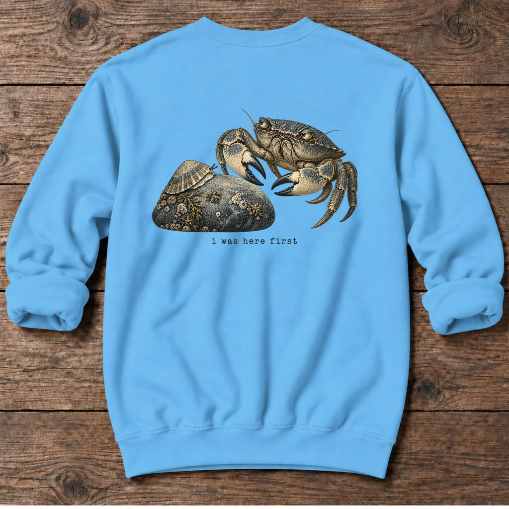 I Was Here First Crab Back Design Midweight Sweatshirt in Sky, Salty Paws Midweight Sweatshirt, back design flat lay
