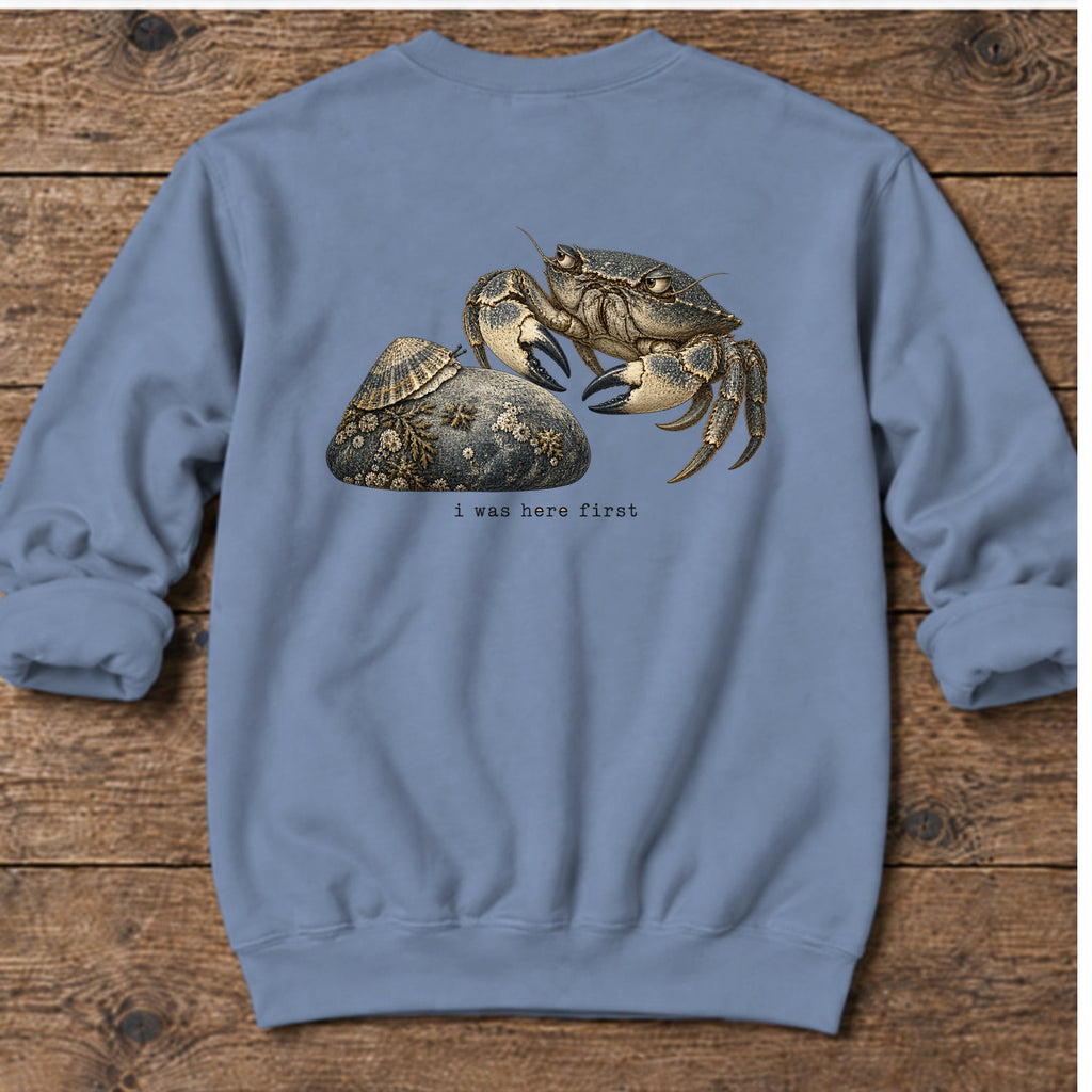 I Was Here First Crab Back Design Midweight Sweatshirt in Stone Blue, Salty Paws Midweight Sweatshirt, back design flat lay