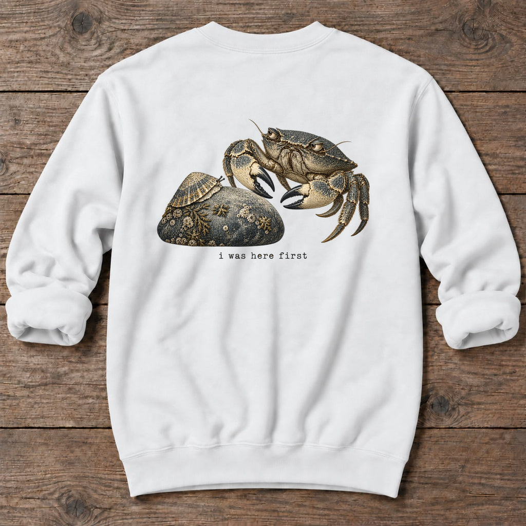 I Was Here First Crab Back Design Midweight Sweatshirt in White, Salty Paws Midweight Sweatshirt, back design flat lay