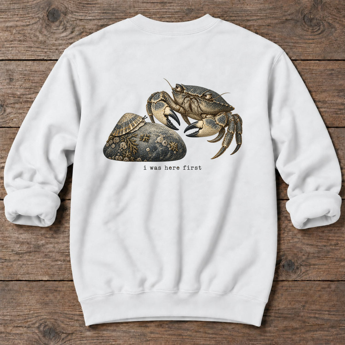 I Was Here First Crab Back Design Midweight Sweatshirt in White, Salty Paws Midweight Sweatshirt, back design flat lay