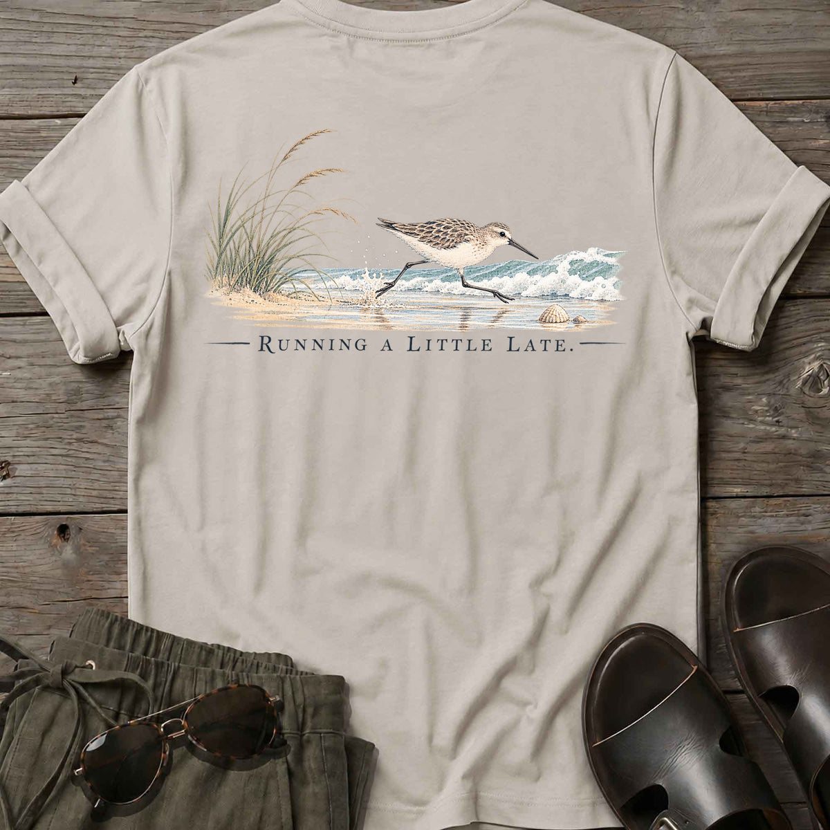 Running Late Sandpiper Back Design T-Shirt