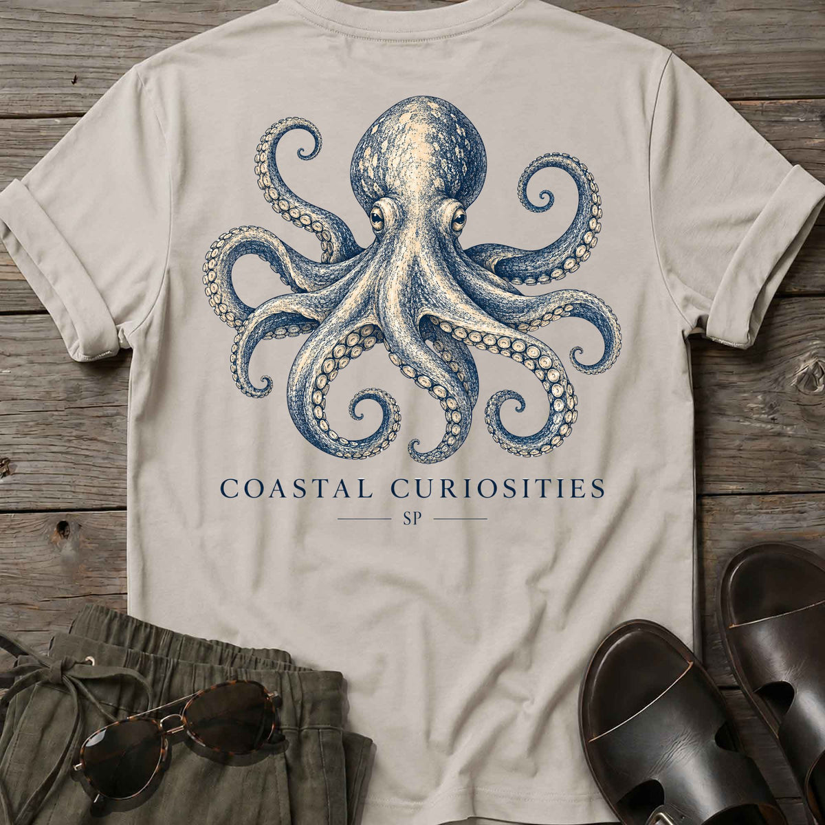 Curiosity Octopus T-Shirt in Ice Grey, Salty Paws coastal t-shirt