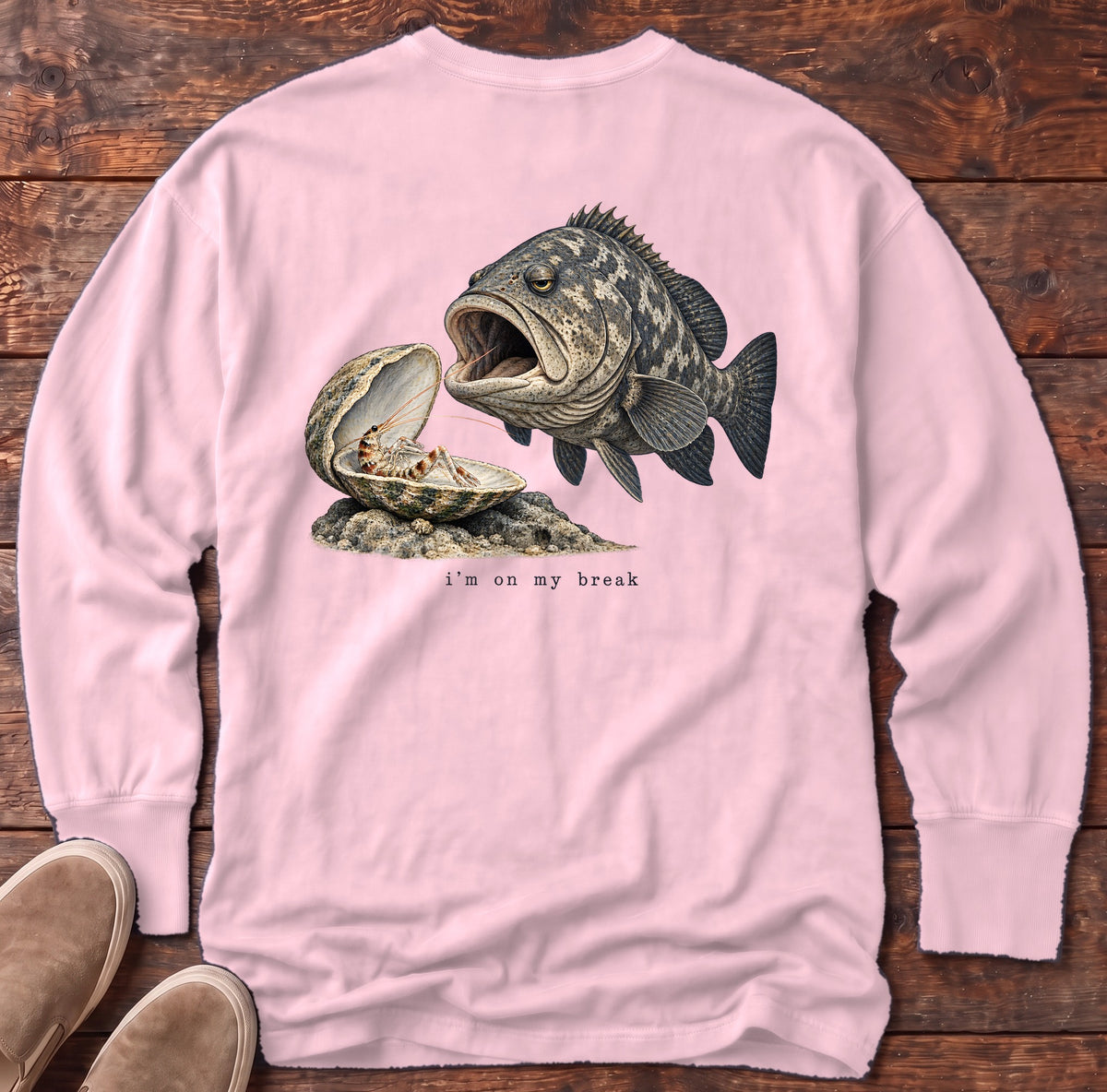 I'm on My Break Shrimp Back Design Long Sleeve Tee Comfort Colors in Blossom, Salty Paws Comfort Colors Long Sleeve Tee, back design flat lay
