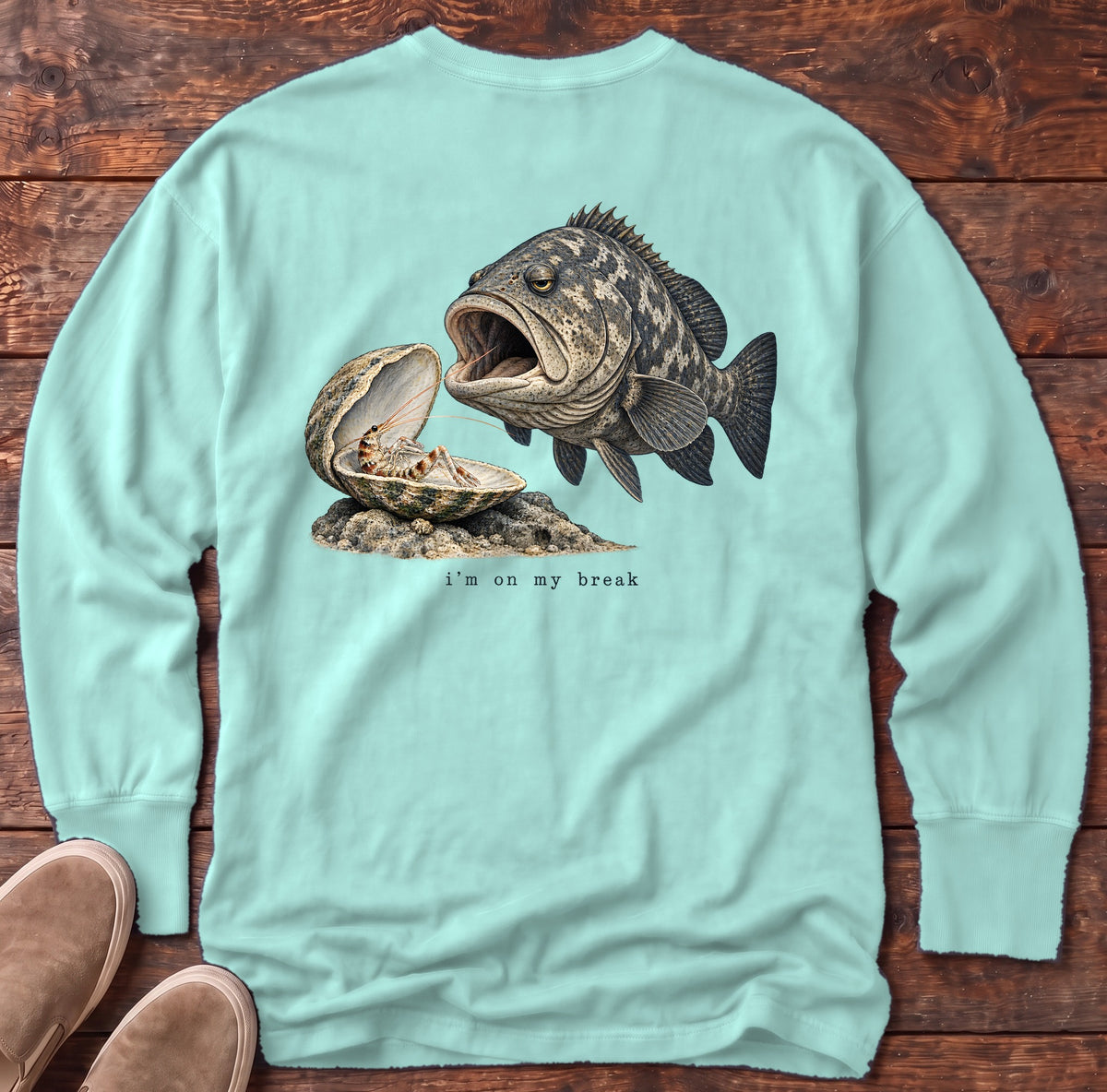 I'm on My Break Shrimp Back Design Long Sleeve Tee Comfort Colors in Chalky Mint, Salty Paws Comfort Colors Long Sleeve Tee, back design flat lay