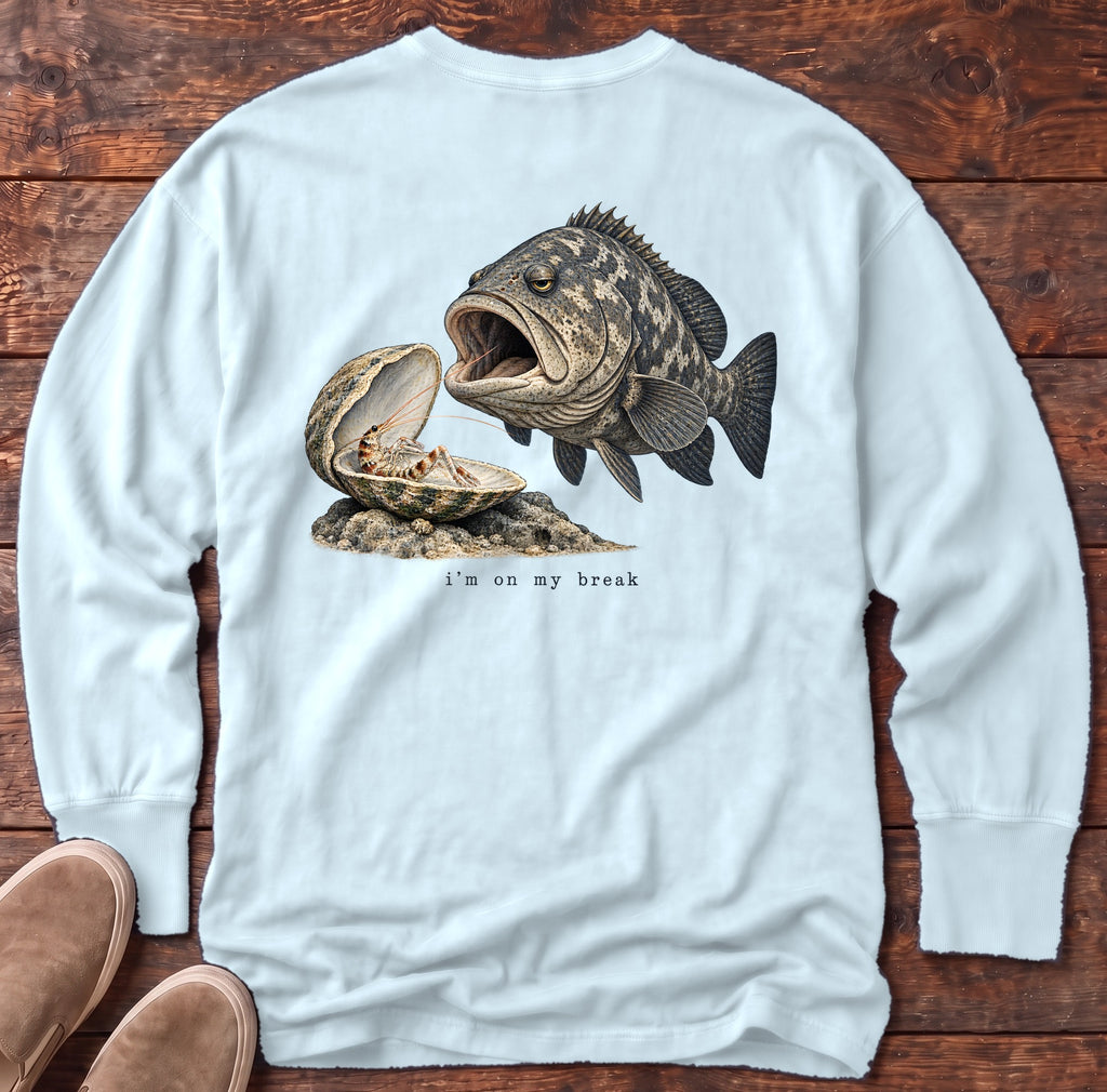 I'm on My Break Shrimp Back Design Long Sleeve Tee Comfort Colors in Chambray, Salty Paws Comfort Colors Long Sleeve Tee, back design flat lay