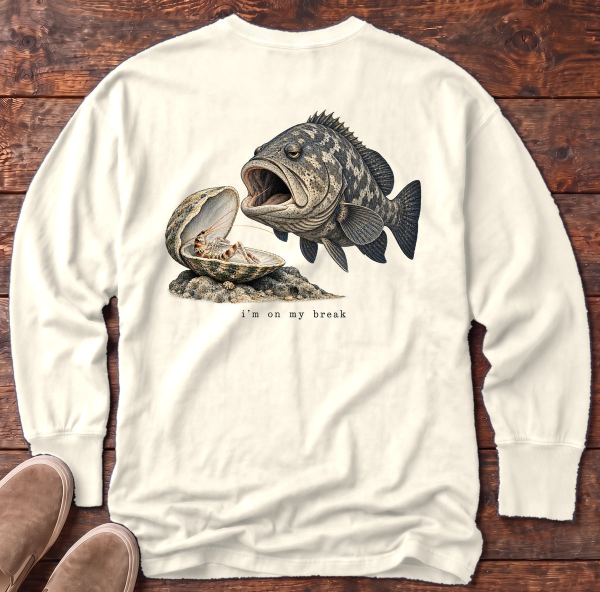 I'm on My Break Shrimp Back Design Long Sleeve Tee Comfort Colors in Ivory, Salty Paws Comfort Colors Long Sleeve Tee, back design flat lay