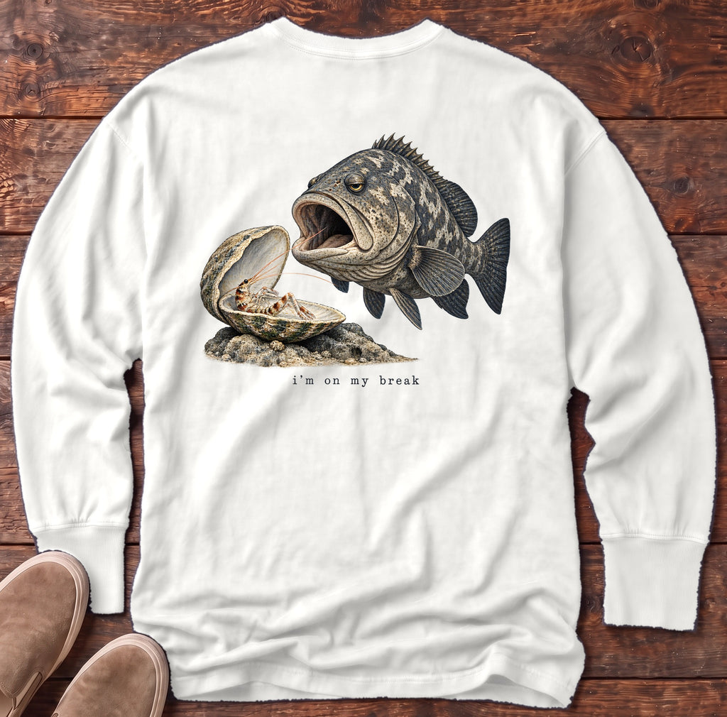 I'm on My Break Shrimp Back Design Long Sleeve Tee Comfort Colors in White, Salty Paws Comfort Colors Long Sleeve Tee, back design flat lay