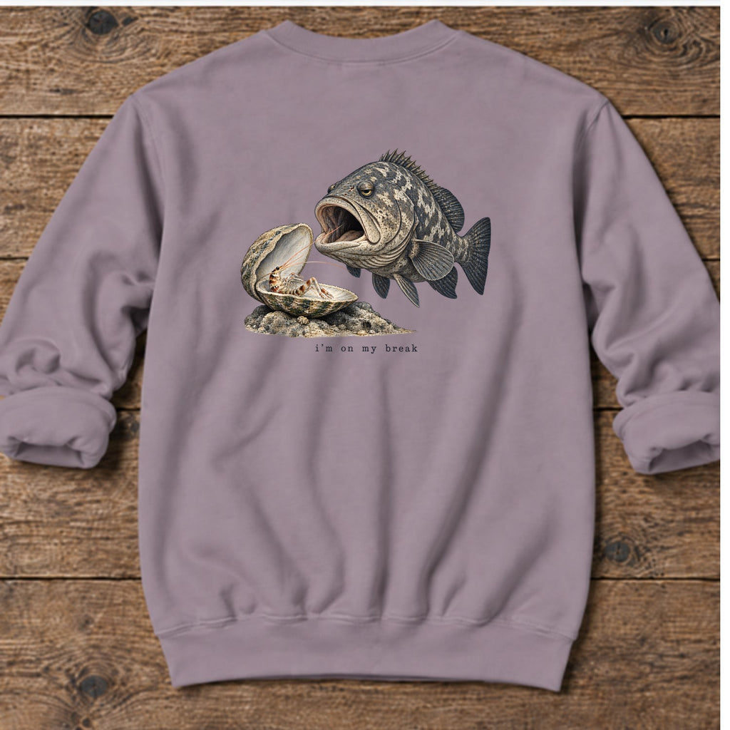 I'm on My Break Shrimp Back Design Midweight Sweatshirt in Paragon, Salty Paws Midweight Sweatshirt, back design flat lay