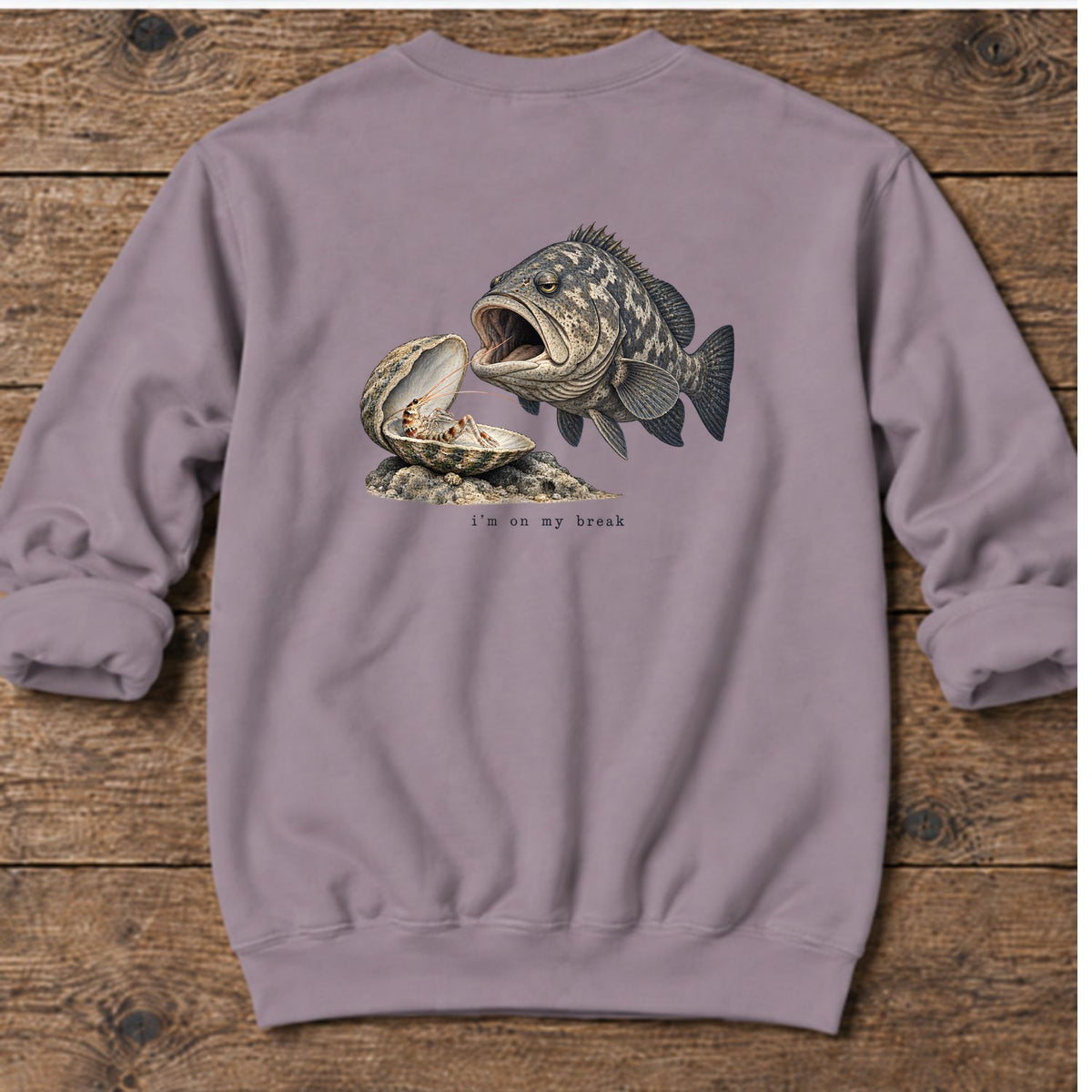 I'm on My Break Shrimp Back Design Midweight Sweatshirt in Paragon, Salty Paws Midweight Sweatshirt, back design flat lay