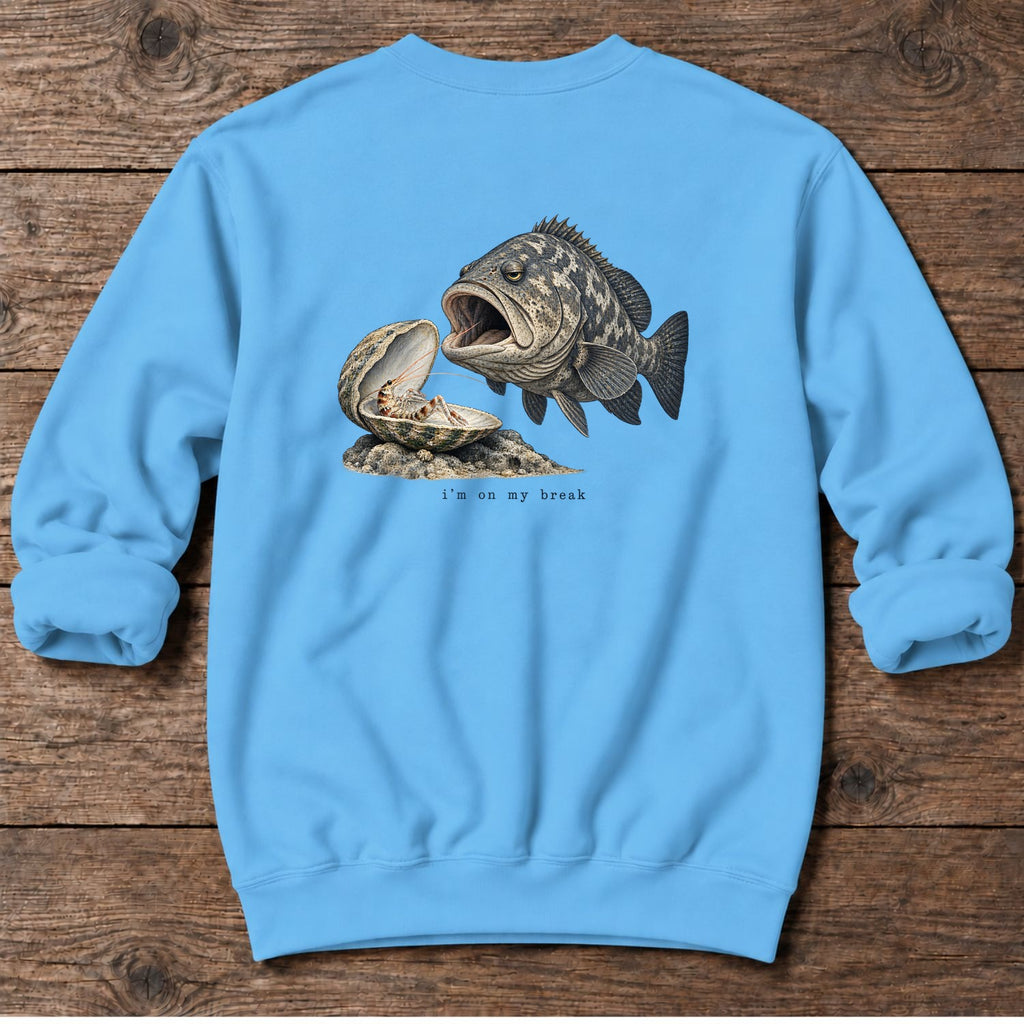 I'm on My Break Shrimp Back Design Midweight Sweatshirt in Sky, Salty Paws Midweight Sweatshirt, back design flat lay